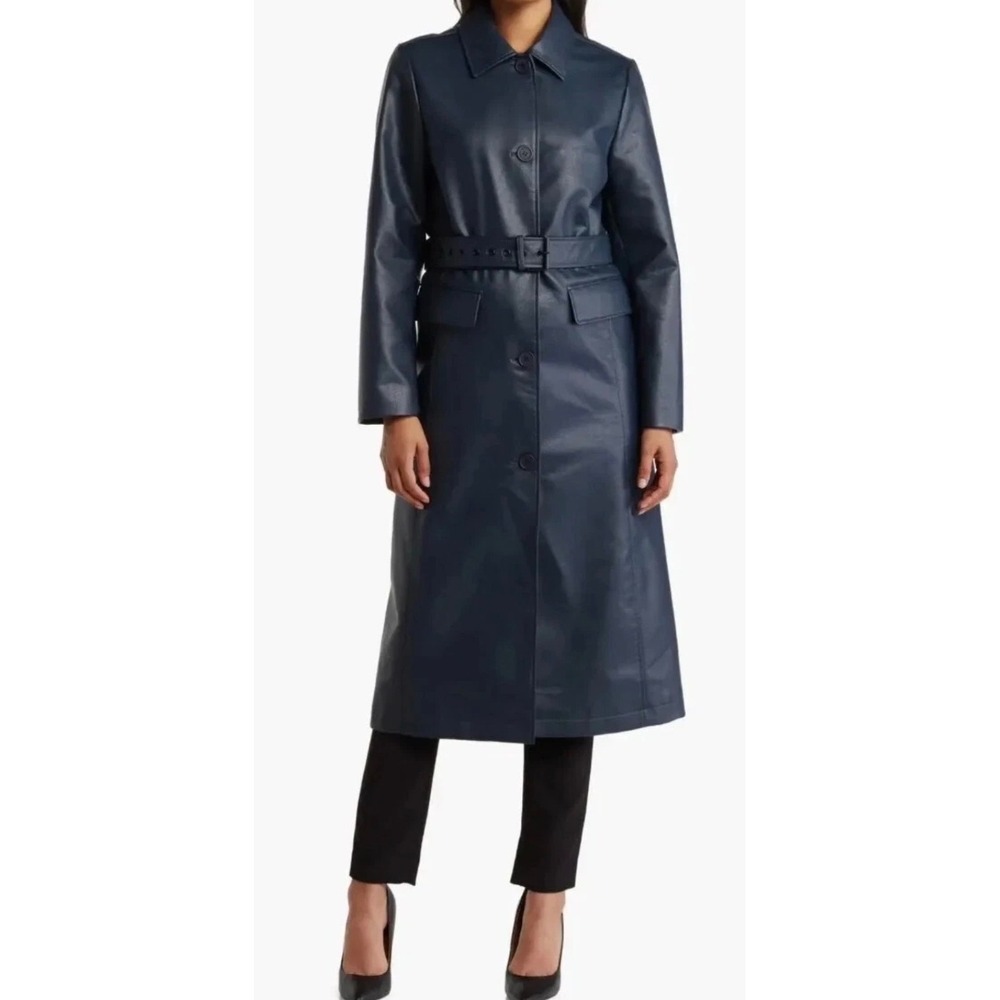 Rebecca Minkoff Trench Coat Womens Navy Blue Faux Leather Belted XL